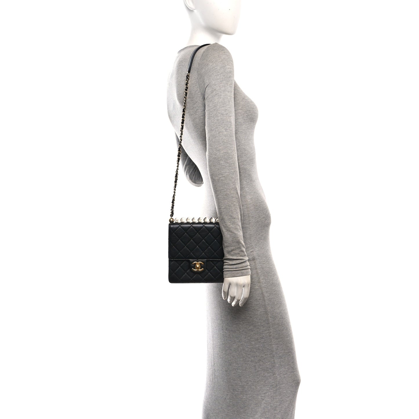Goatskin Quilted Chic Pearls Flap Black