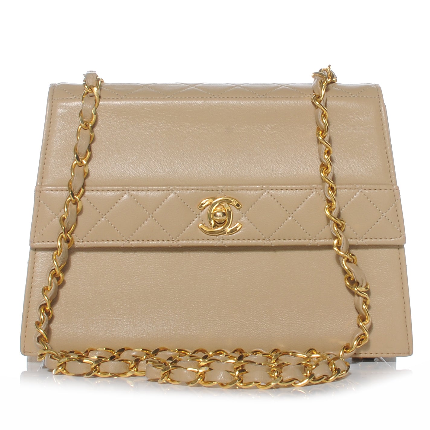Lambskin Quilted Trapezoid Shoulder Flap Bag Beige