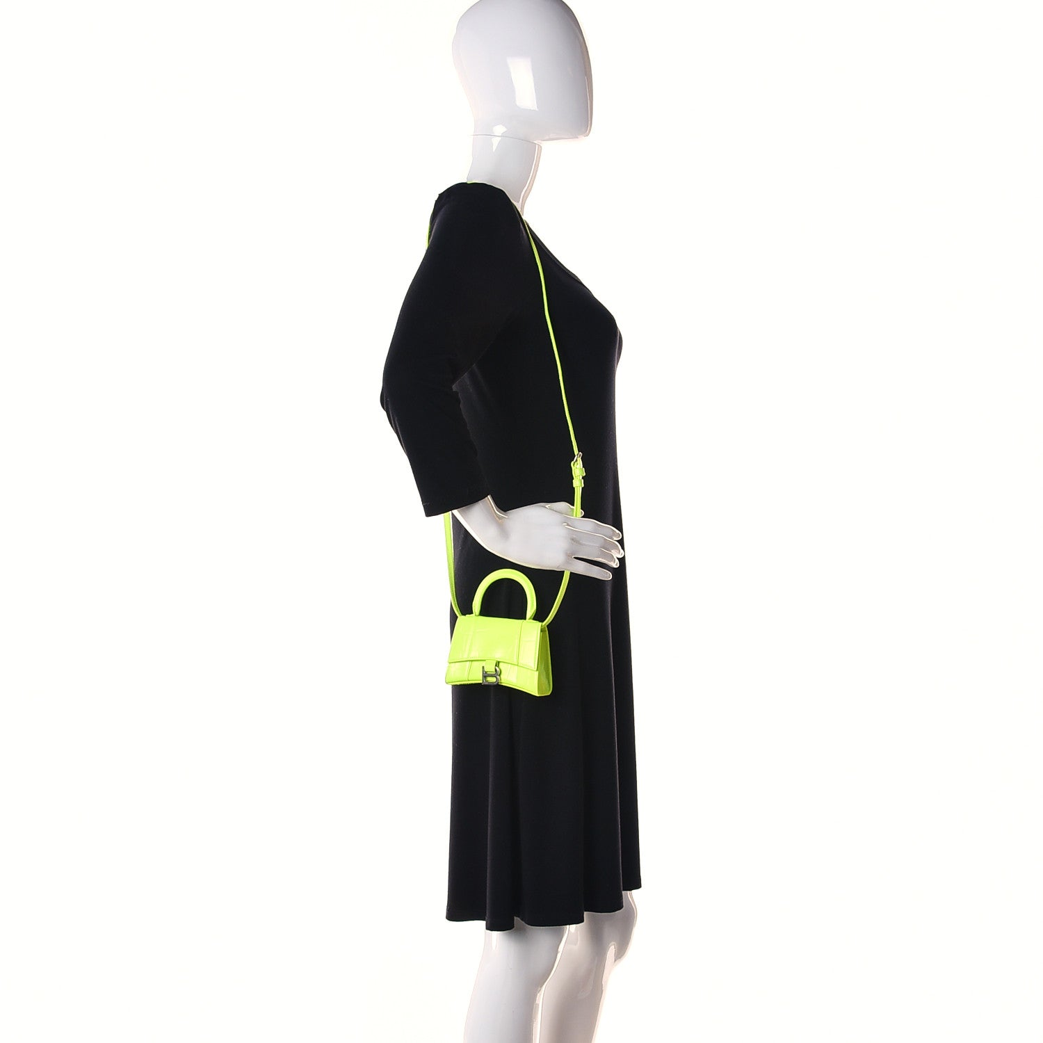 Balenciaga Semi Shiny Calfskin Crocodile Embossed Hourglass Top Handle Bag Mini Fluo Yellow 2 of 18