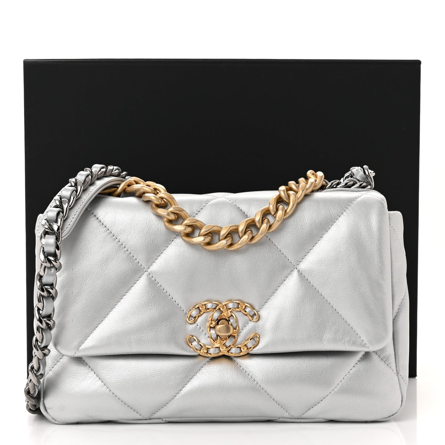 Metallic Goatskin Quilted Medium Chanel 19 Flap Silver