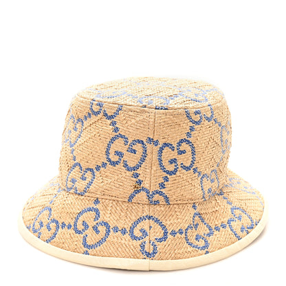 Gucci Raffia GG Monogram Embroidered Fedora Hat M Beige Blue 3 of 9