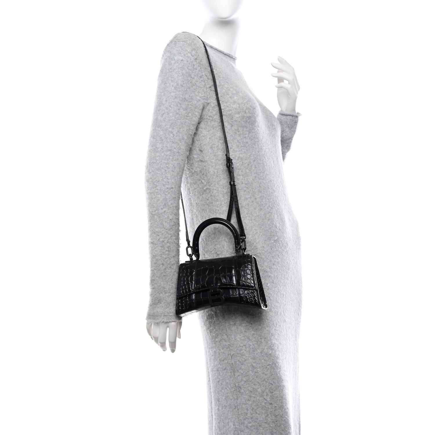Balenciaga Shiny Calfskin Monochrome Crocodile Embossed Hourglass Top Handle Bag XS Black 2 of 10