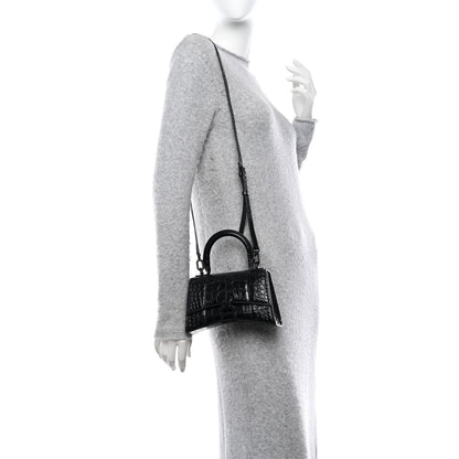 Balenciaga Shiny Calfskin Monochrome Crocodile Embossed Hourglass Top Handle Bag XS Black 2 of 10
