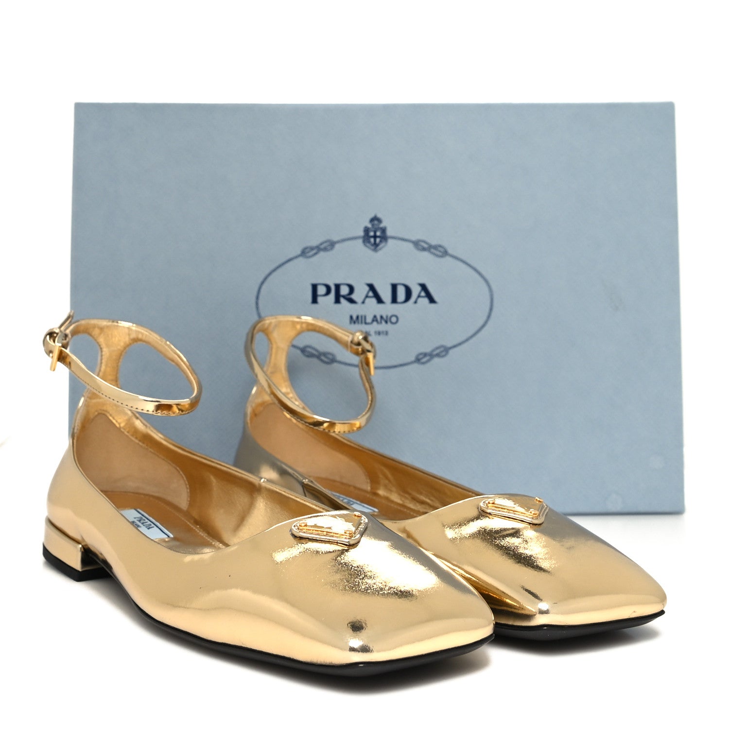 Prada Metallic Calfskin Metal Triangle Logo Ankle Strap Ballerinas 37 Platino 8 of 8
