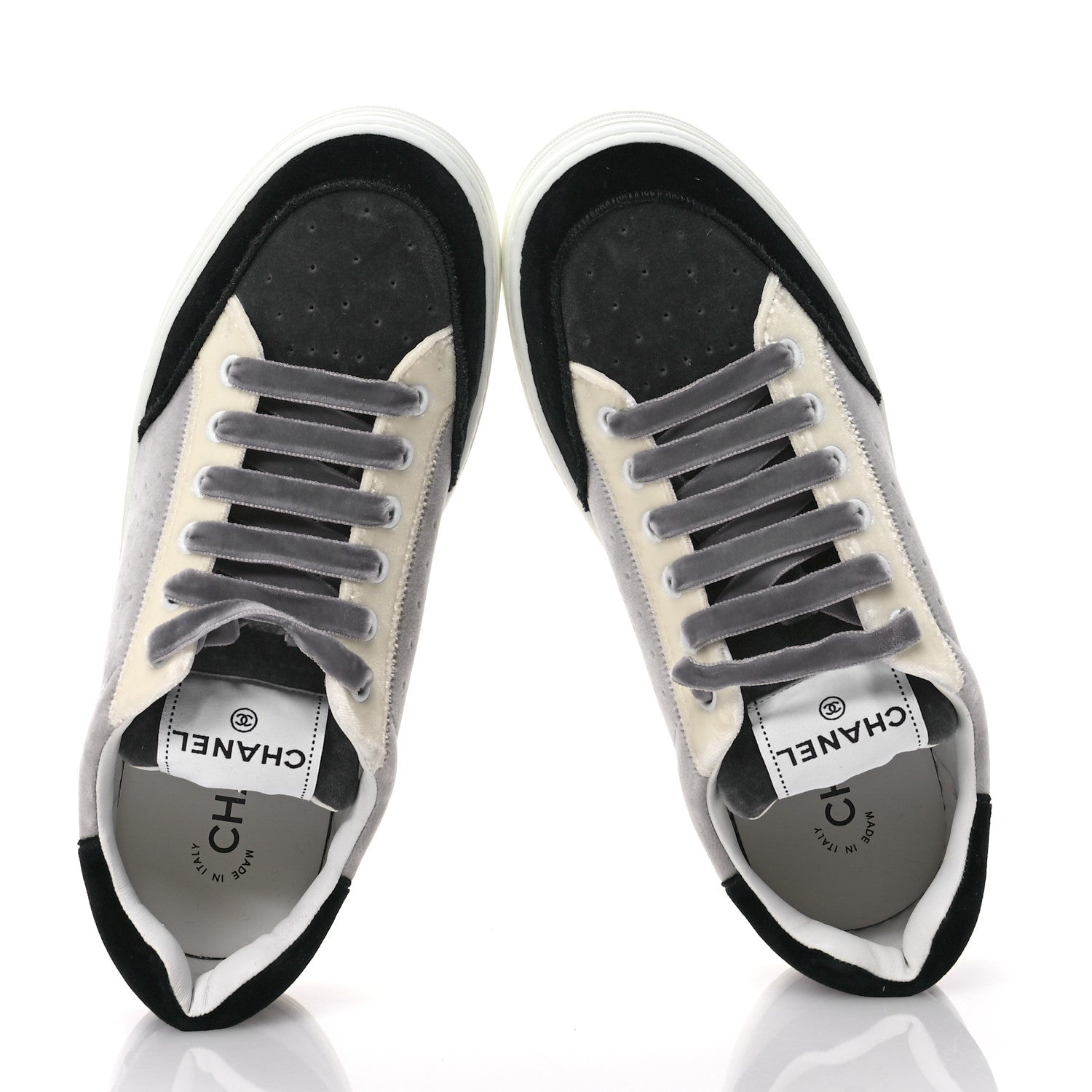 Chanel Velvet Womens Logo Sneakers 40 White Black Grey 2 of 9