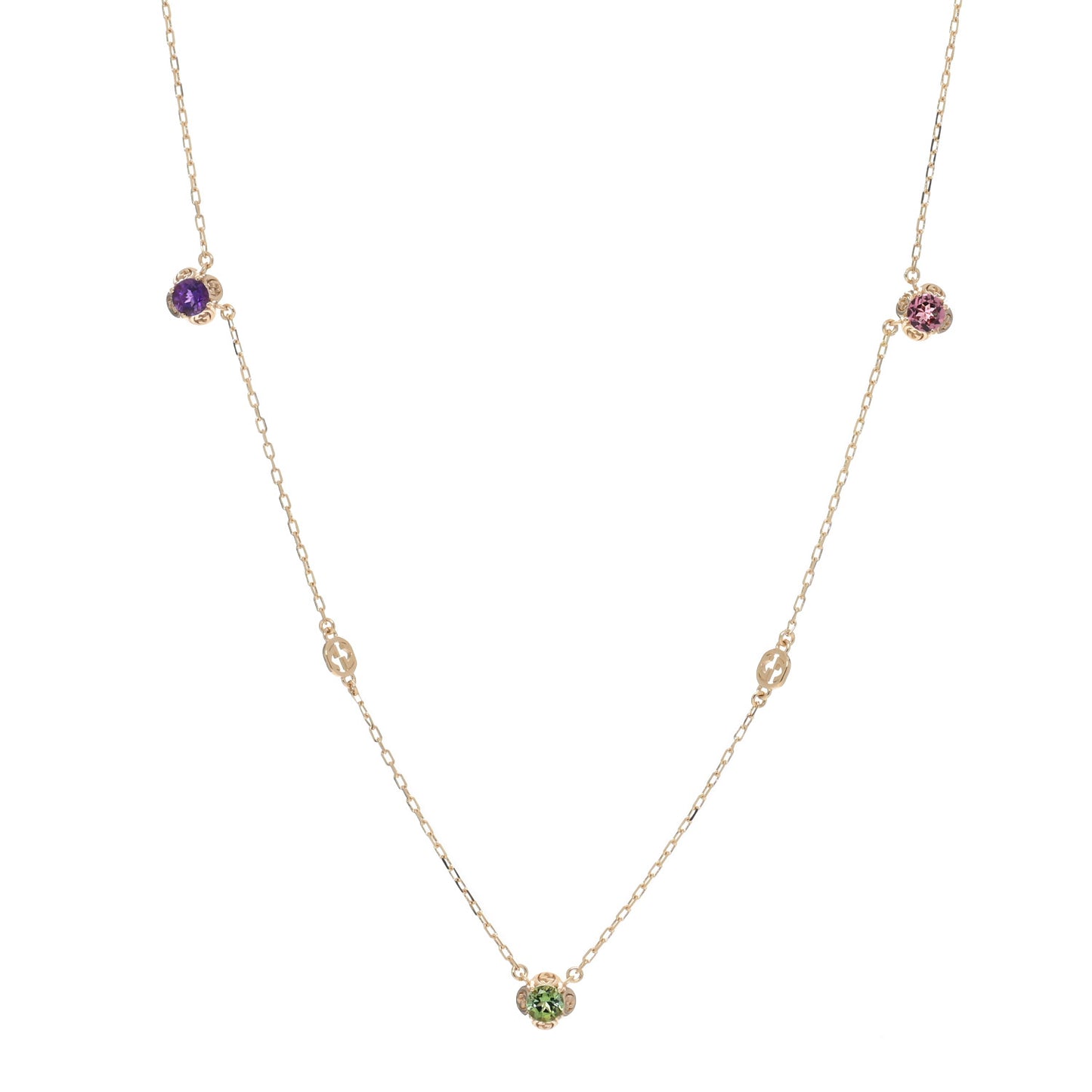 18K Yellow Gold Green Beryl Amethyst Pink Tourmaline Citrine GG Station Rainbow Gemstone Necklace