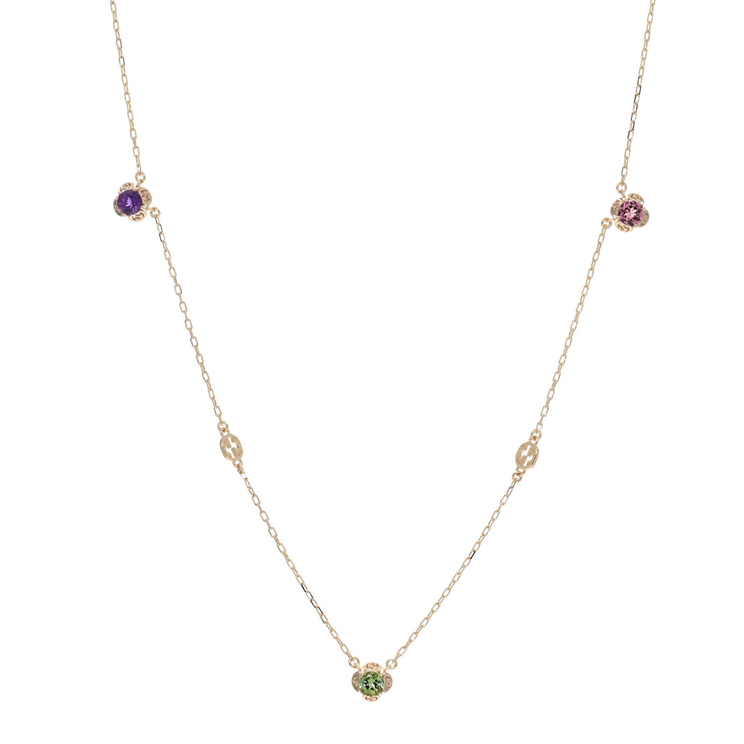 Gucci 18K Yellow Gold Green Beryl Amethyst Pink Tourmaline Citrine GG Station Rainbow Gemstone Necklace 1 of 5