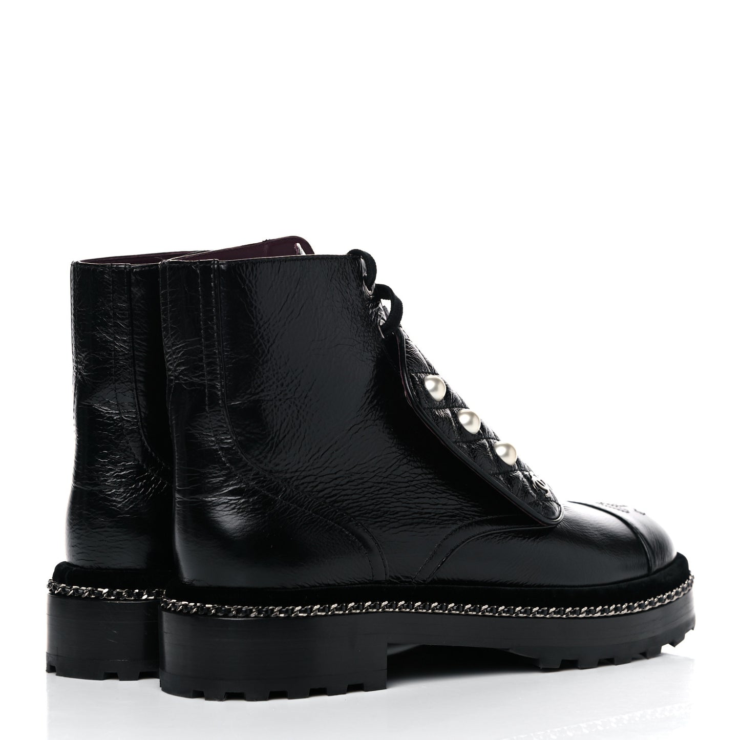 Crackled Calfskin Velvet Pearl Combat Short Boots 38 Black