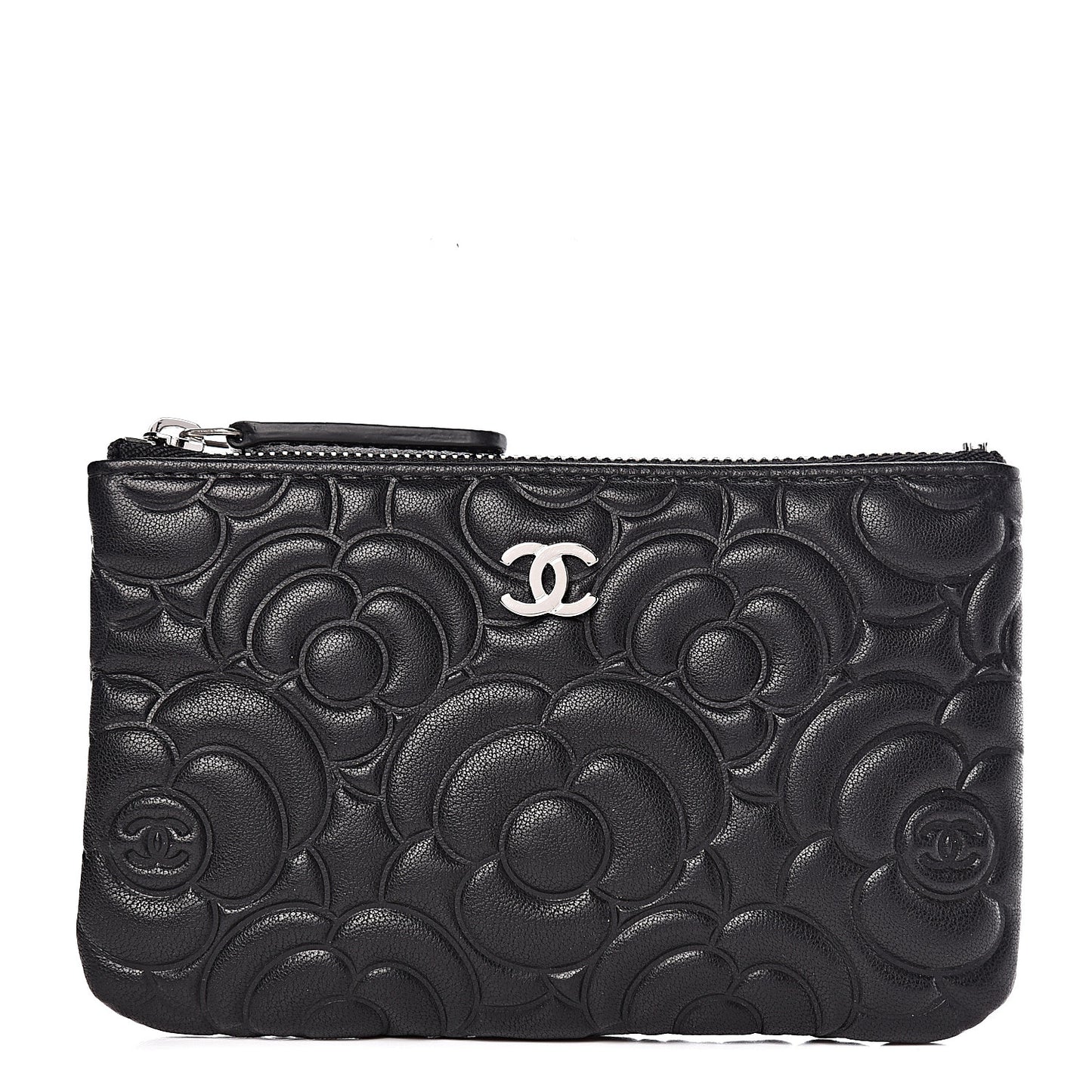 Goatskin Camellia Embossed Cosmetic Pouch Black