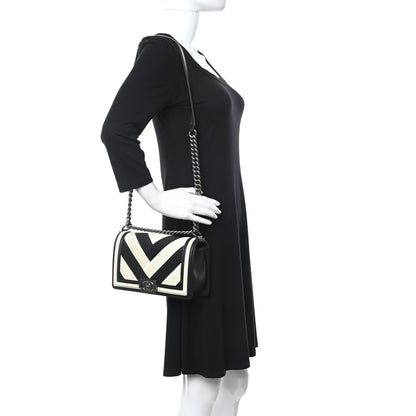 Chanel Calfskin Pleated Medium Boy In Rome Flap Black White 2 of 8