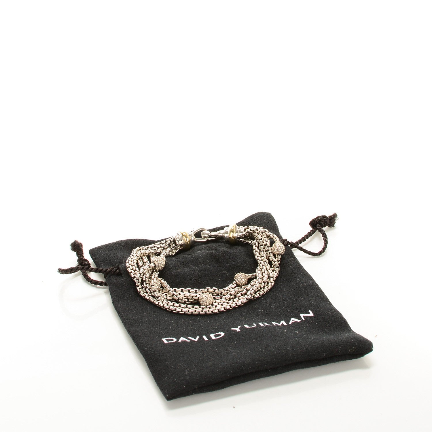 David Yurman Sterling Silver 18K Yellow Gold Pave Diamond 7mm Six-Row Chain Bracelet 5 of 5