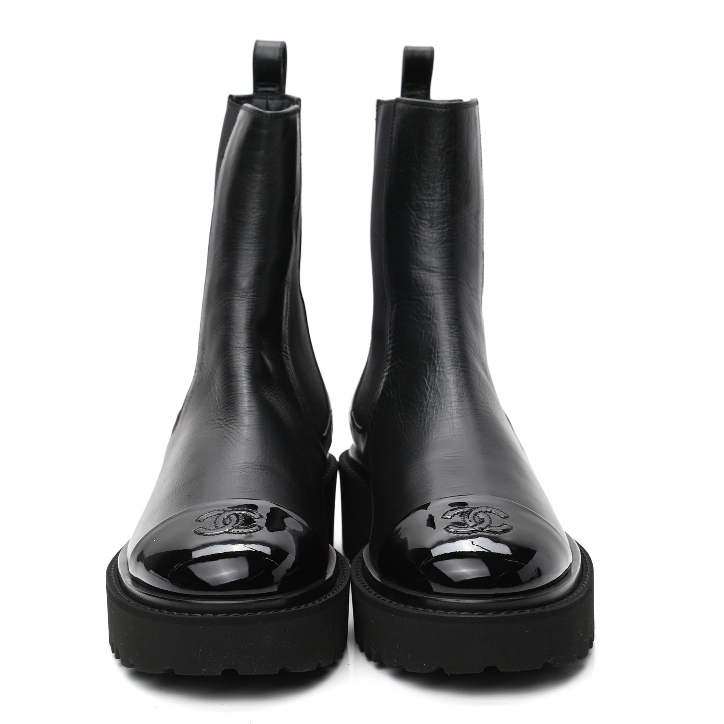 Crumpled Calfskin Patent Cap Toe Short Boots 39 Black