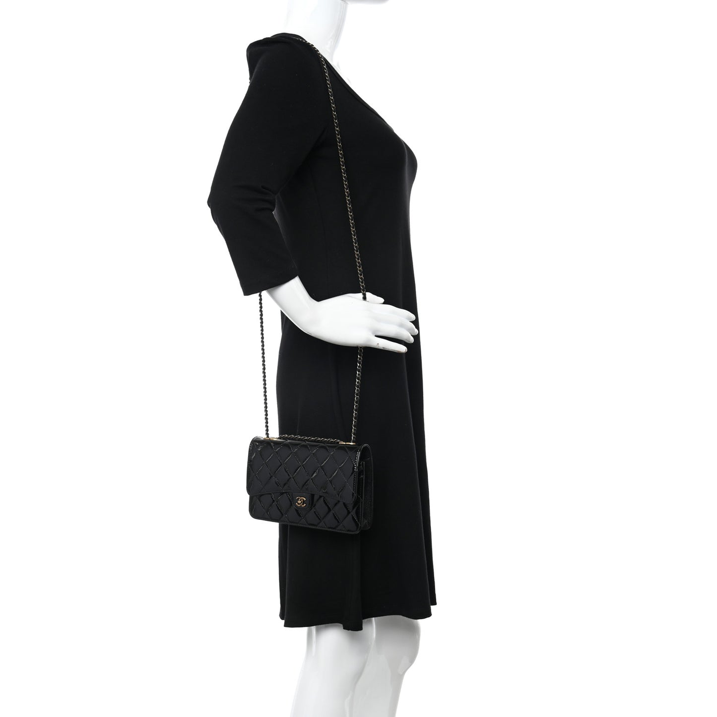 Patent Goatskin Quilted CC Eyelet Wallet On Chain WOC Black