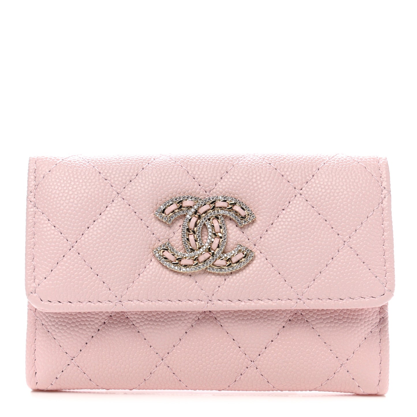 Caviar Quilted Crystal CC Flap Card Holder Pink