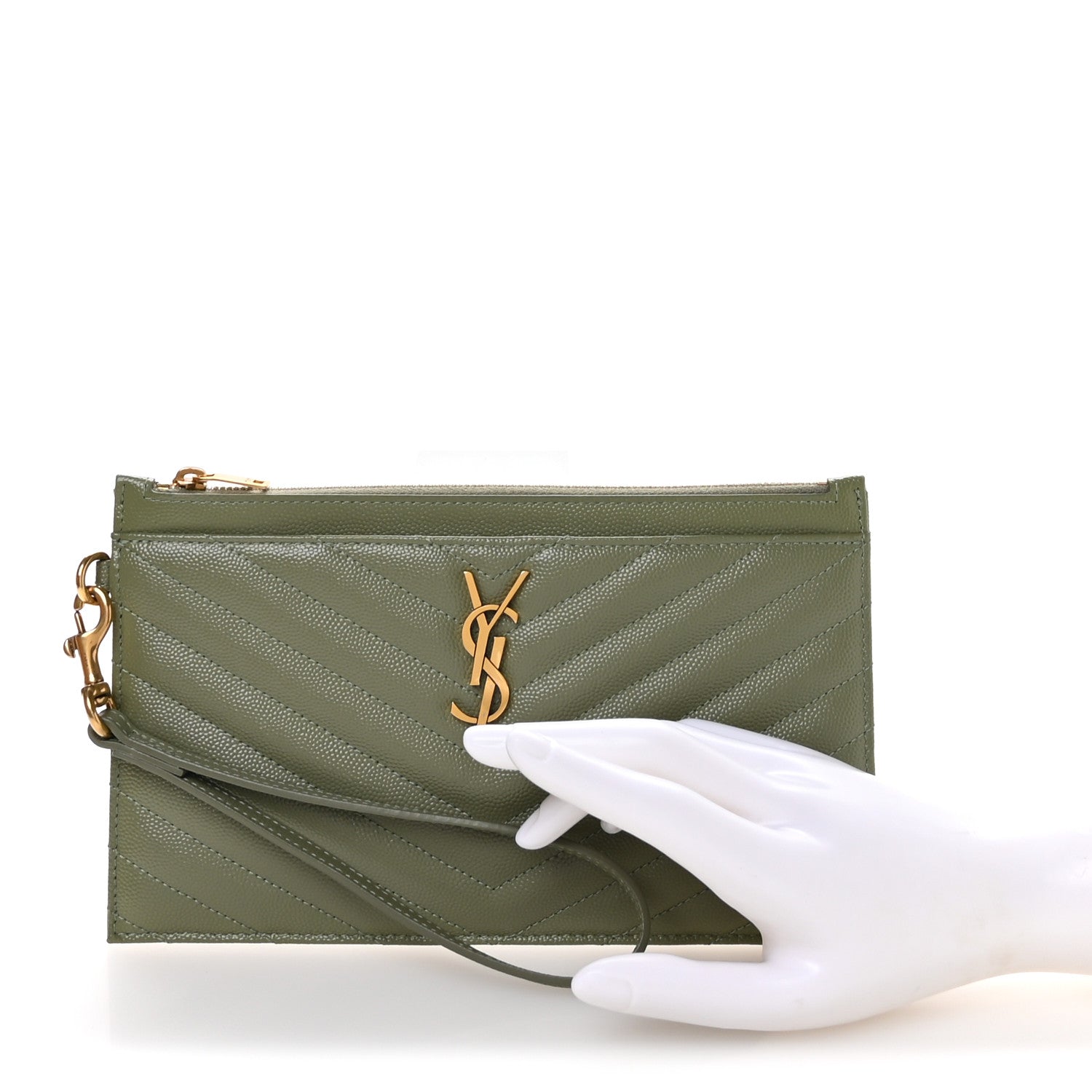 Saint Laurent Grain De Poudre Chevron Monogram Large Bill Pouch Light Sage 2 of 8