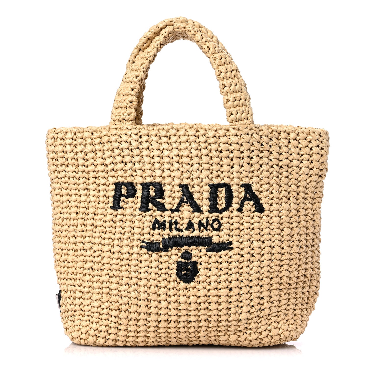 Prada Yarn Raffia Effect Crochet Embroidered Small Logo Tote Naturale 1 of 7