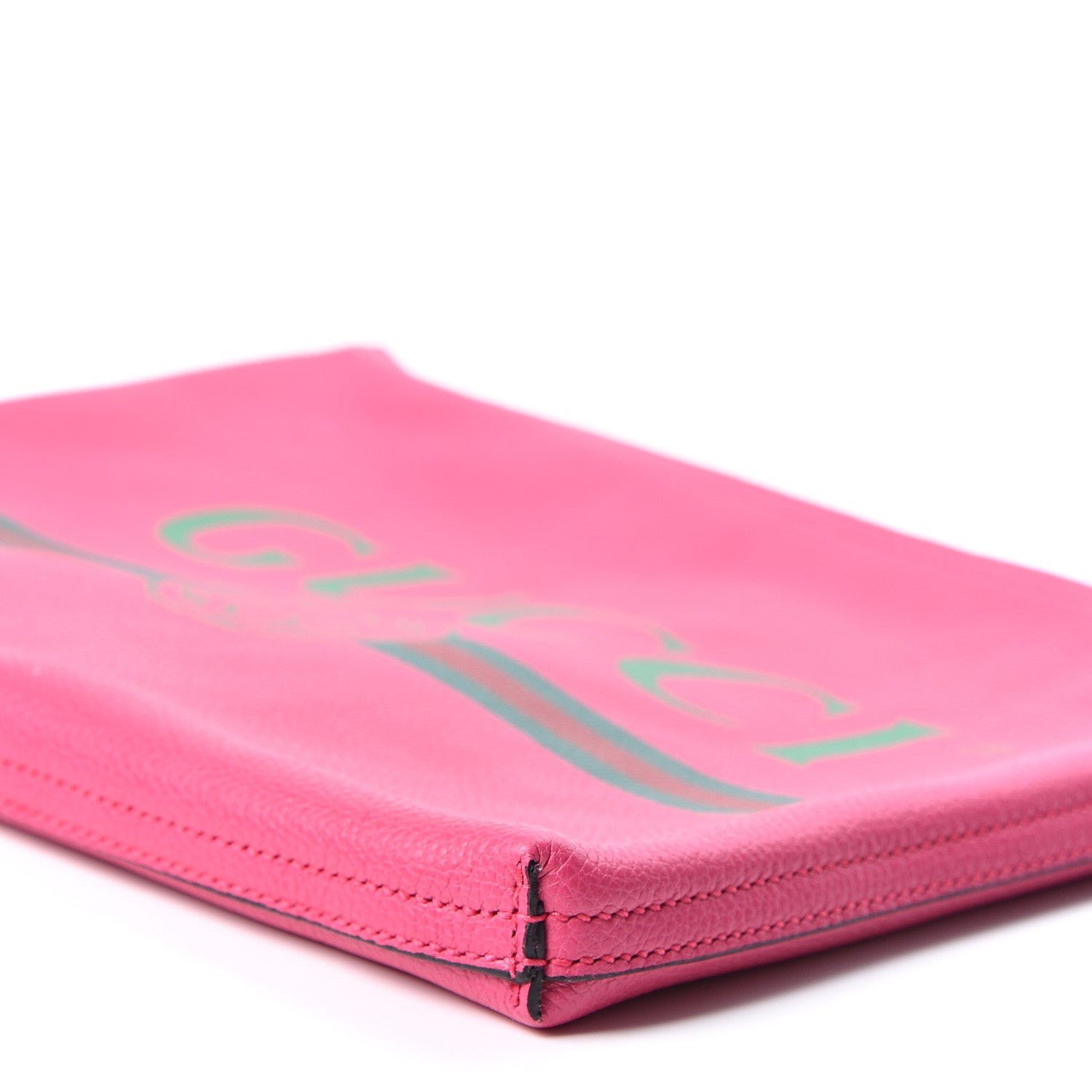 Gucci Pebbled Calfskin Medium Logo Portfolio Clutch Box Pink Green 8 of 8