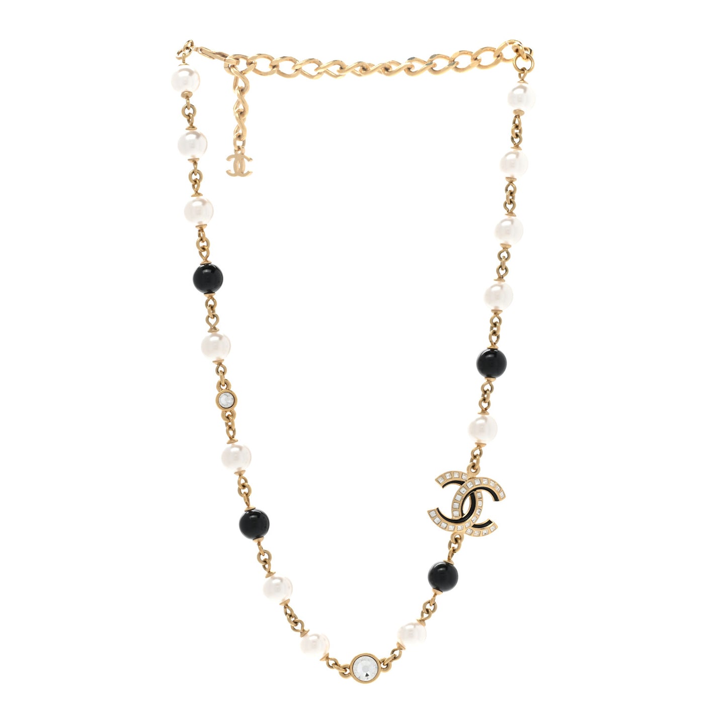Pearl Baguette Crystal Enamel CC Short Necklace Gold Black