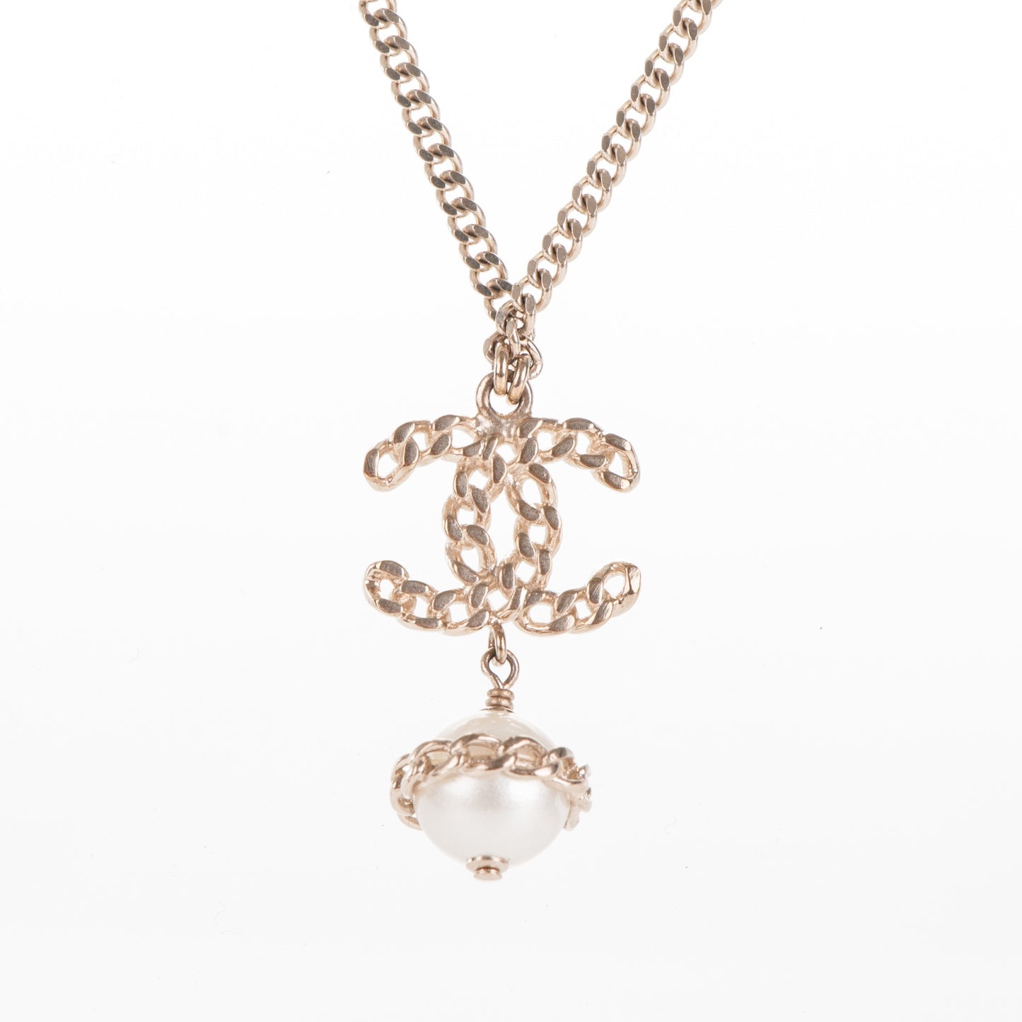 Chain CC Pearl Drop Necklace Gold