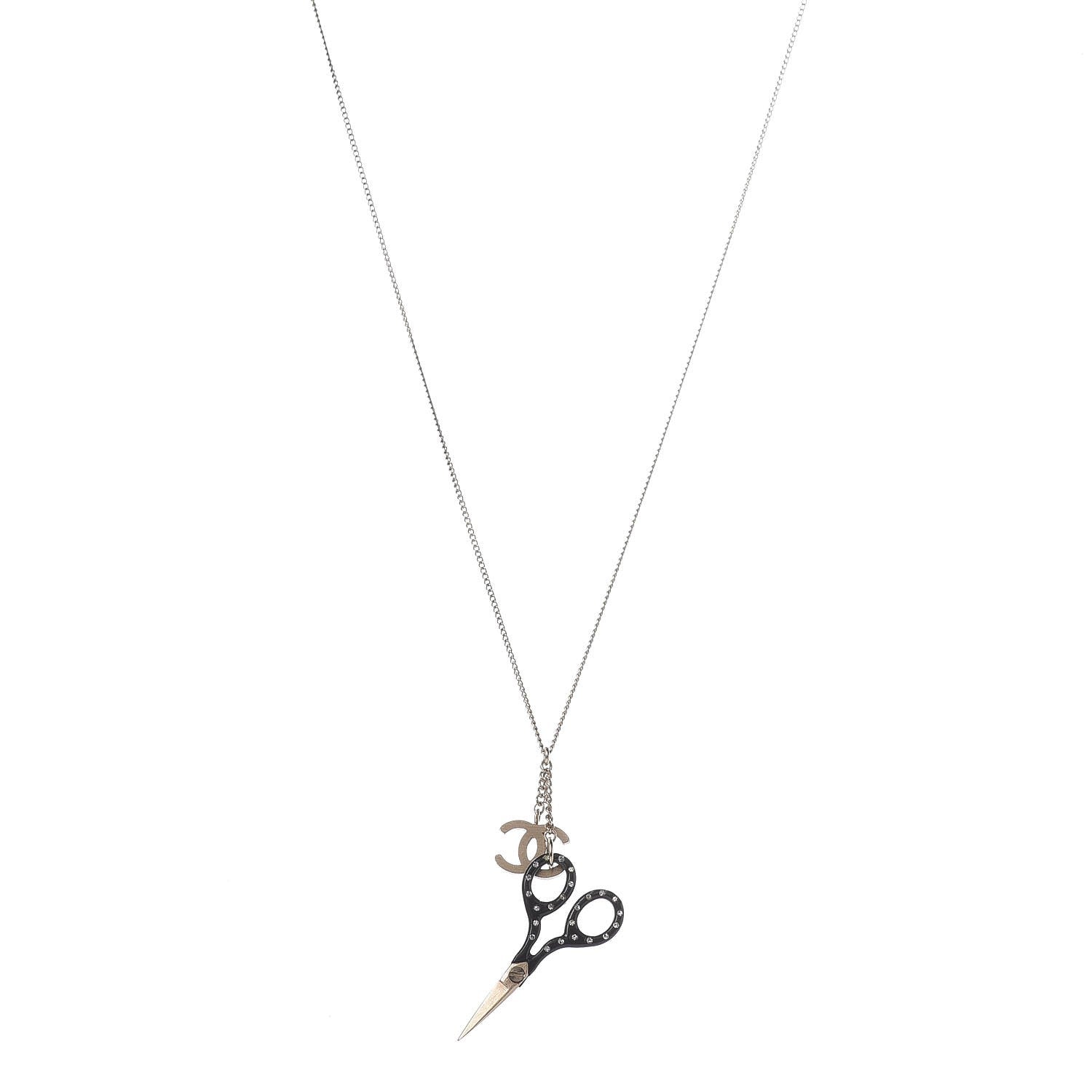 Chanel Crystal Resin Scissors CC Pendant Necklace Black Gold 1 of 6