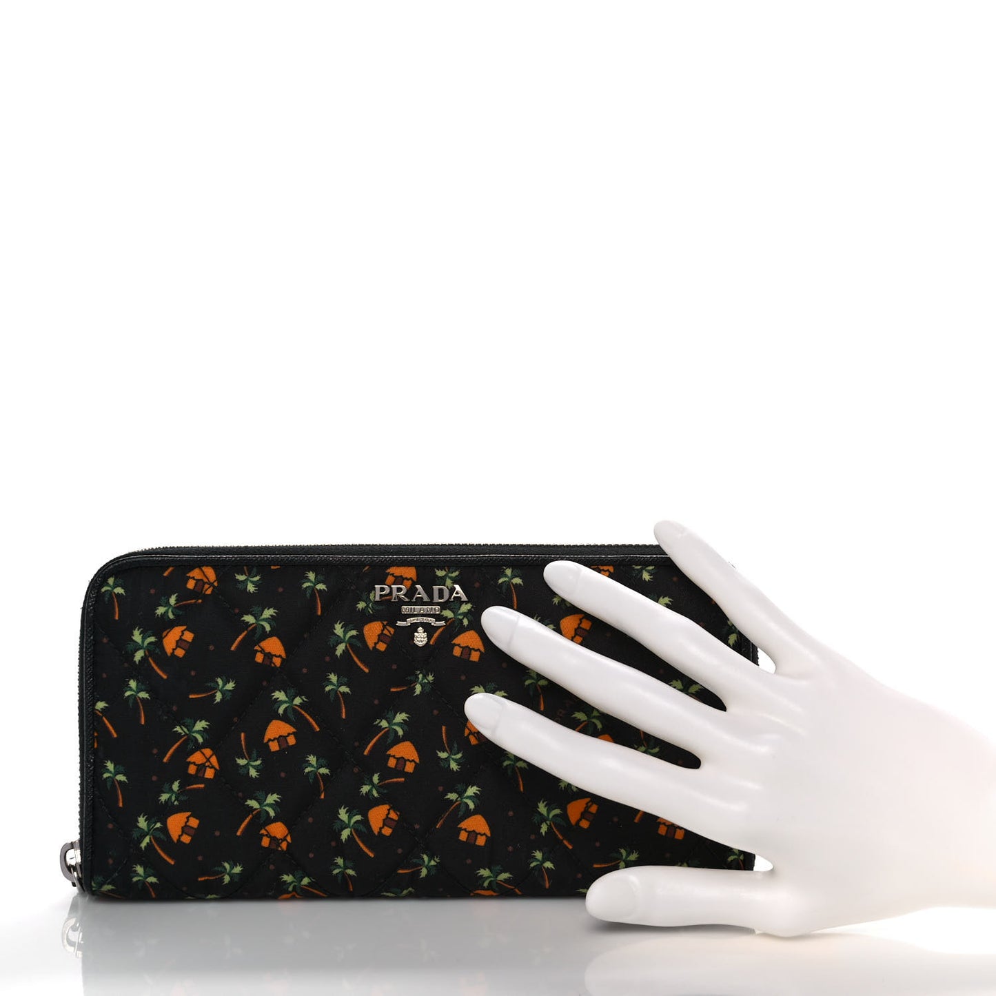 Nylon Quilted Palm Tree Zip Wallet Black