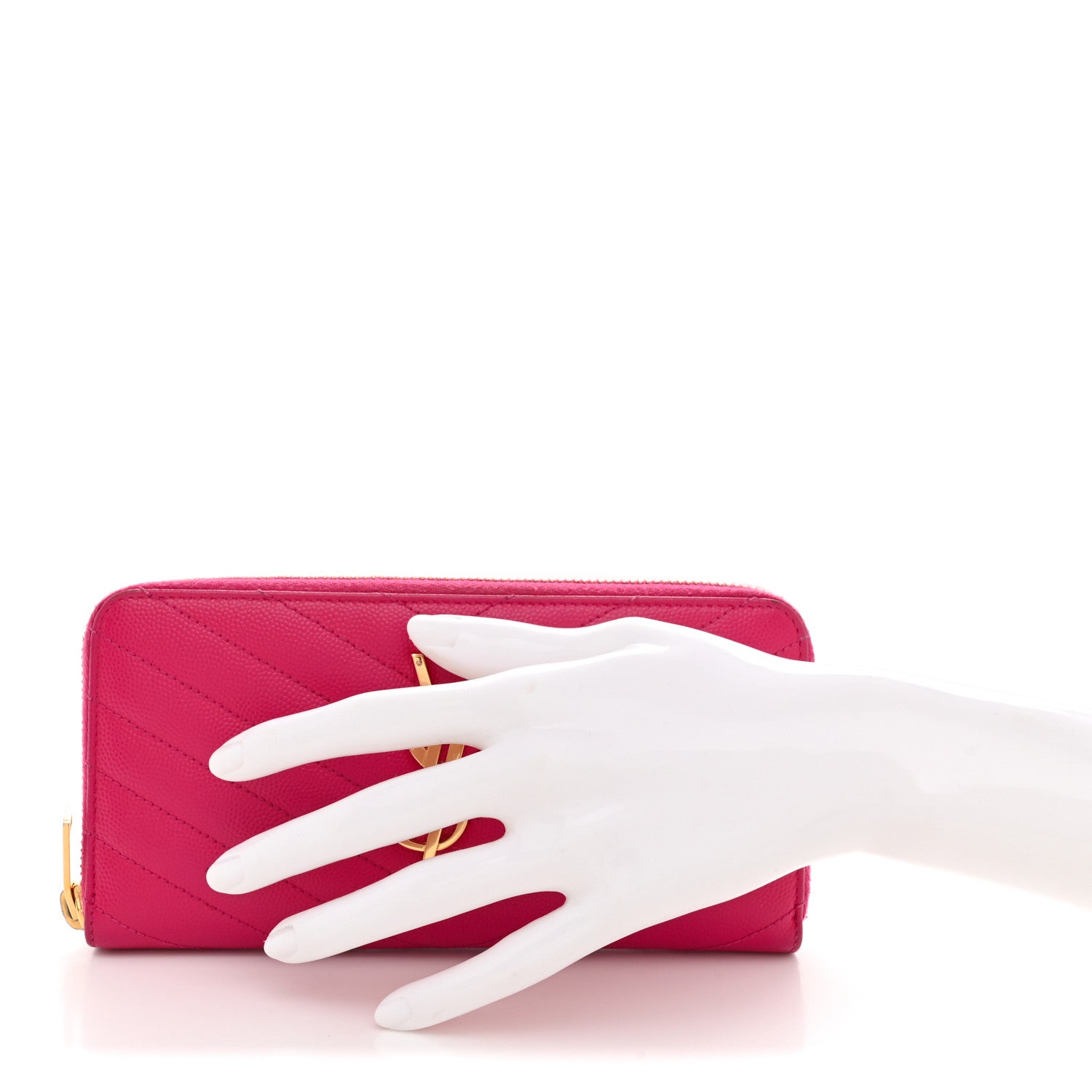 Saint Laurent Grain De Poudre Matelasse Chevron Monogram Zip Around Wallet Fuchsia 2 of 8