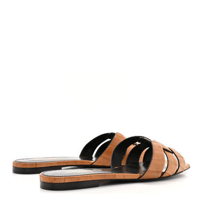 Saint Laurent Calfskin Crocodile Embossed Tribute 05 Slide Sandals  36 Brave Beige 4 of 11