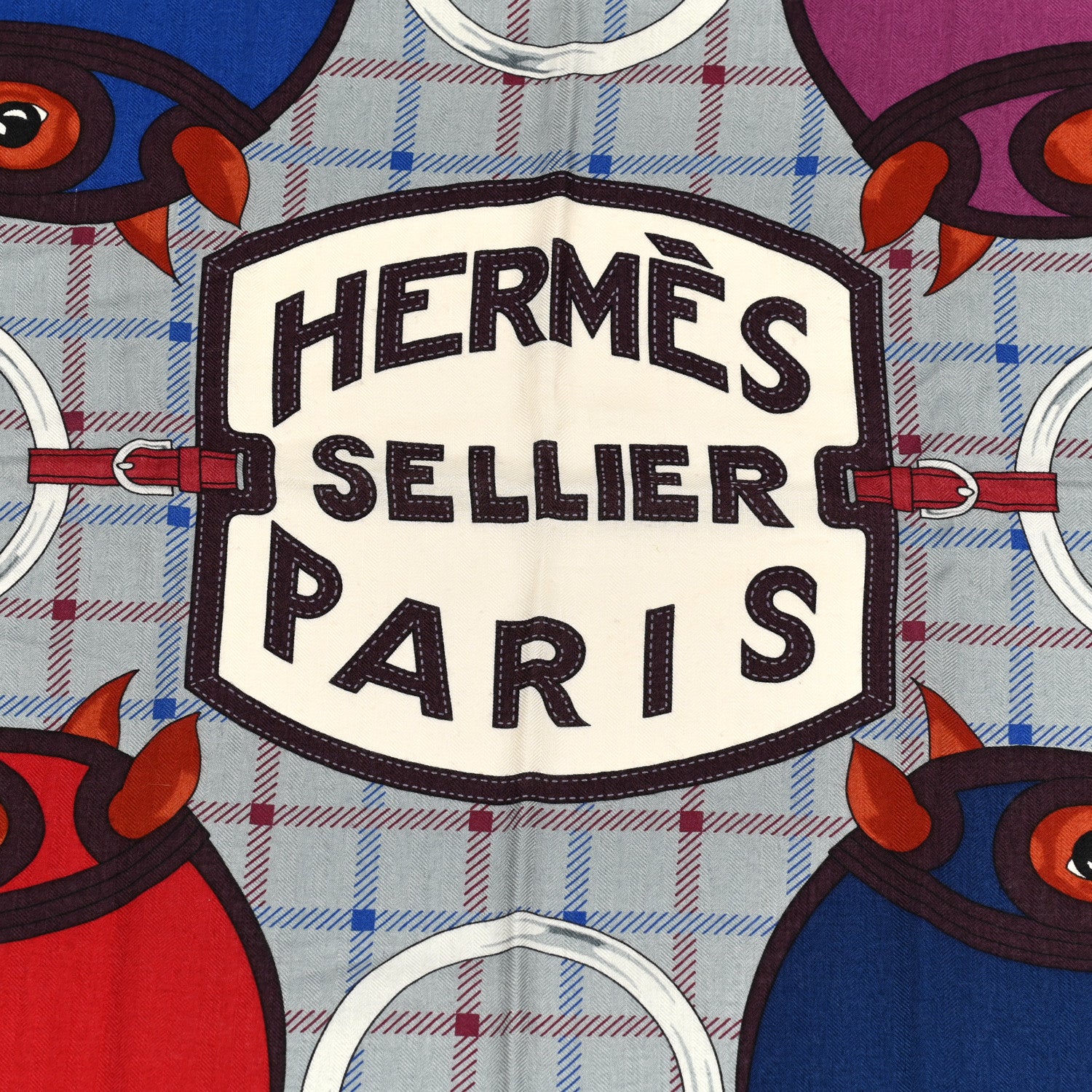 Hermes Cashmere Silk Tatersale Shawl 140 Rouge H Gris Bleu 2 of 5