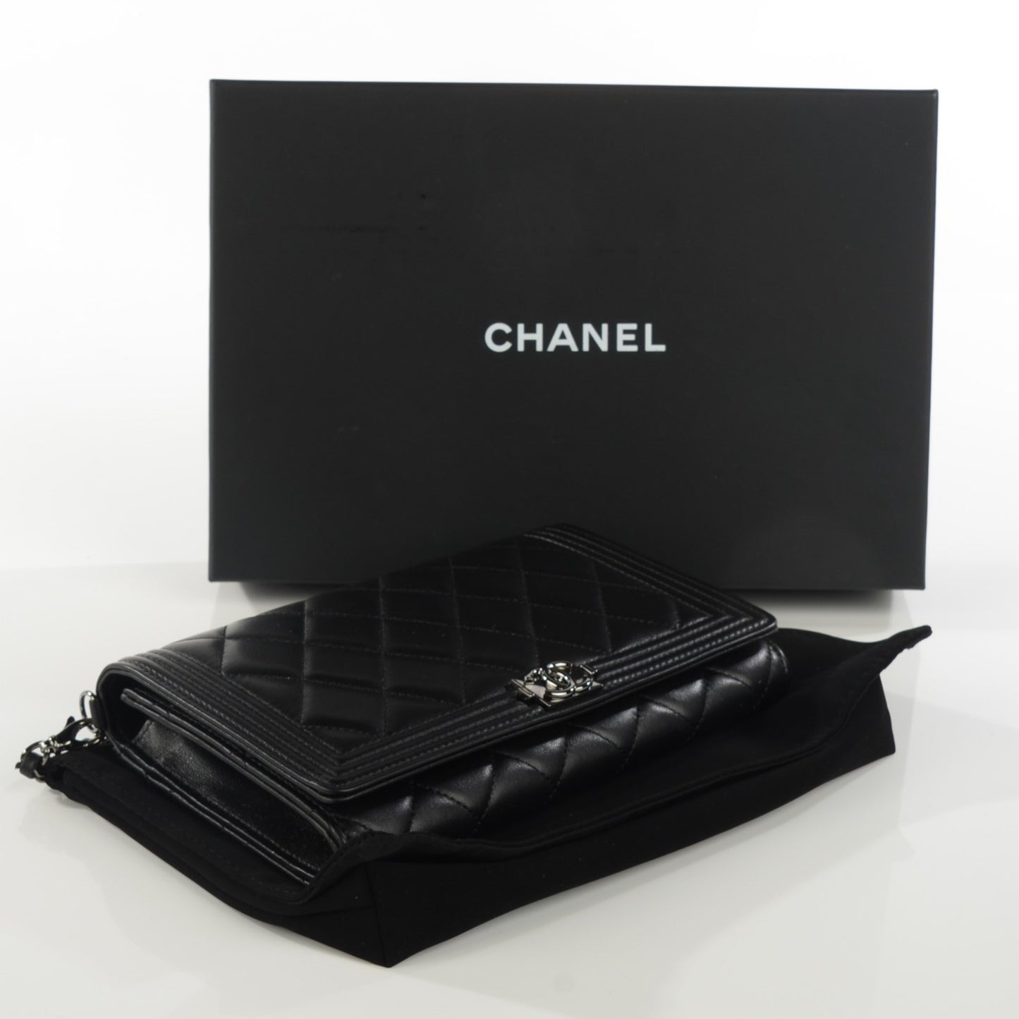 Lambskin Quilted Boy Wallet On Removable Chain WOC Black