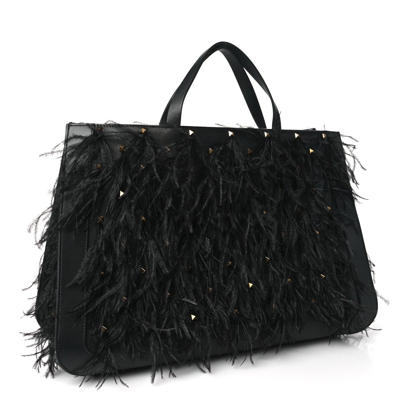 Calfskin Ostrich Feather Roman Stud VLogo Tote Black