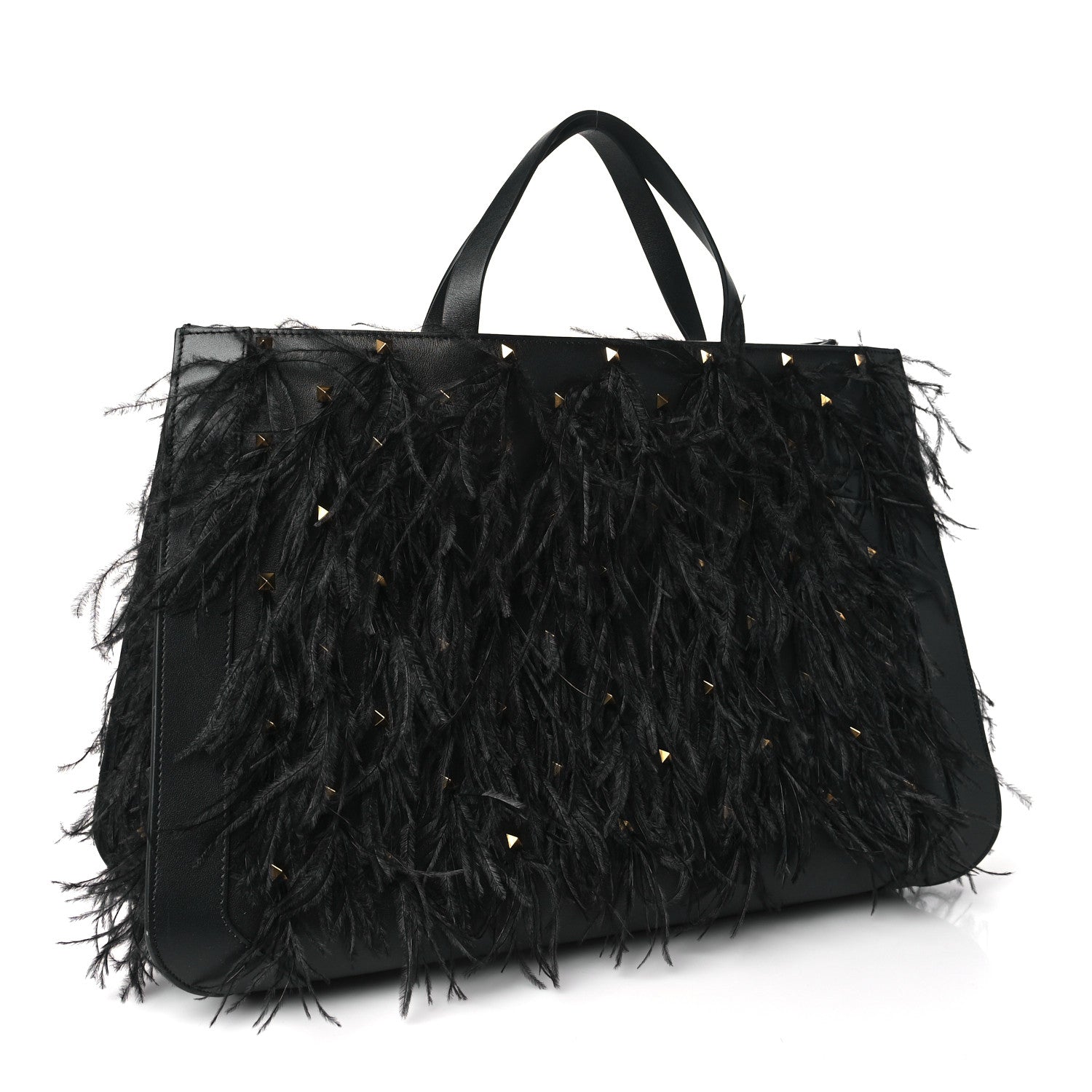 Valentino Garavani Calfskin Ostrich Feather Roman Stud VLogo Tote Black 2 of 9
