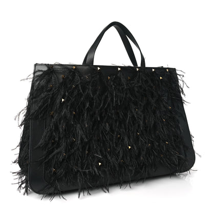 Valentino Garavani Calfskin Ostrich Feather Roman Stud VLogo Tote Black 2 of 9