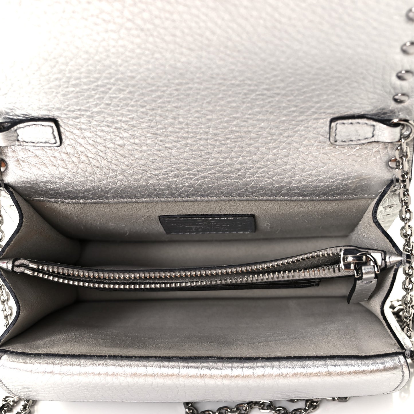 Metallic Pebbled Calfskin Rockstud Wallet on Chain Silver