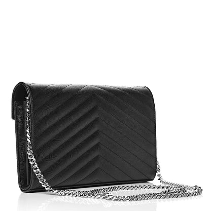 Saint Laurent Grain De Poudre Matelasse Chevron Monogram Chain Wallet Black 3 of 11