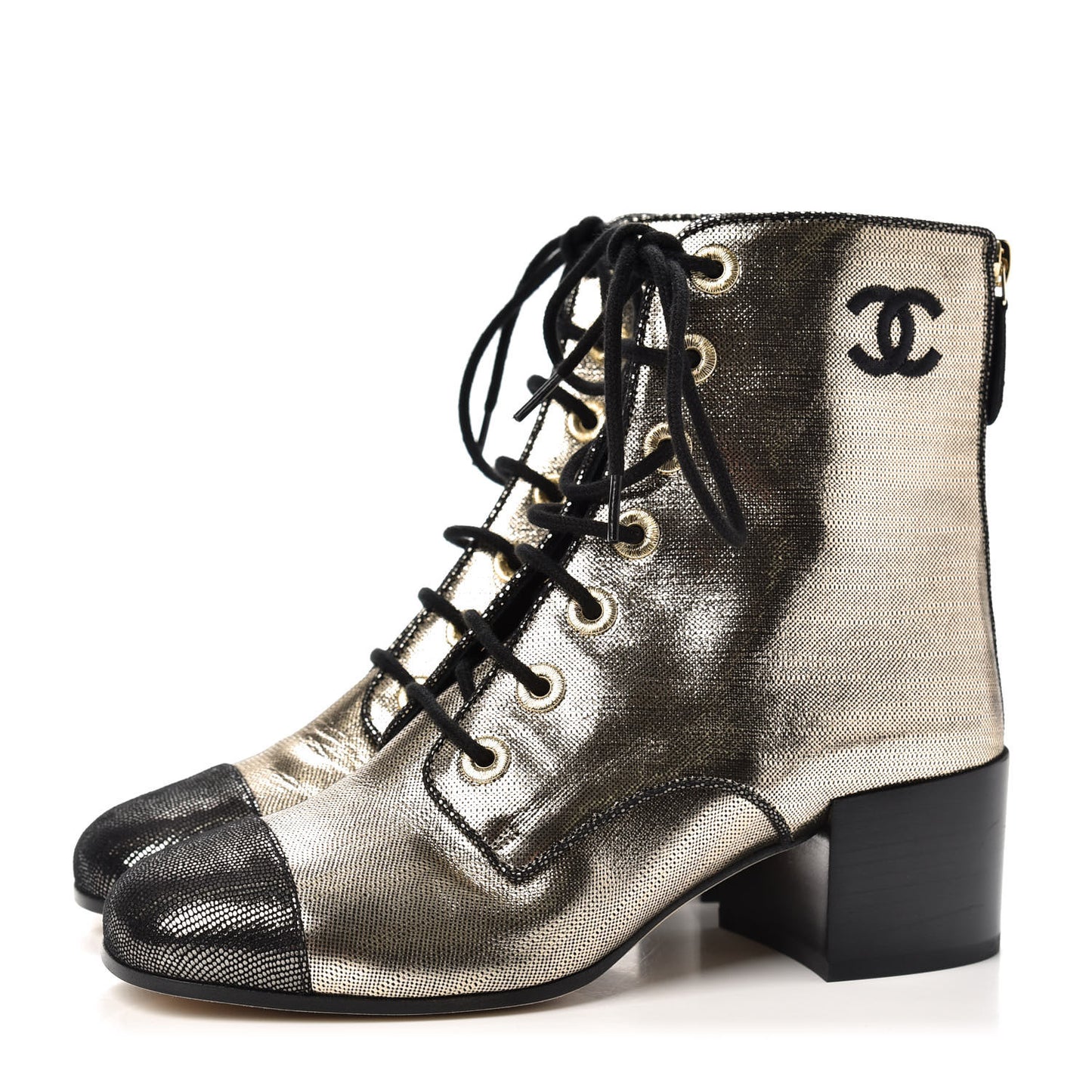 Laminated Calfskin CC Lace Up Short Boots 35.5 Gold Silver