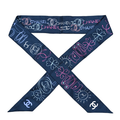 Chanel Silk Twill CC Logo Slim Bandeau Scarf Navy Blue Multicolor 1 of 4