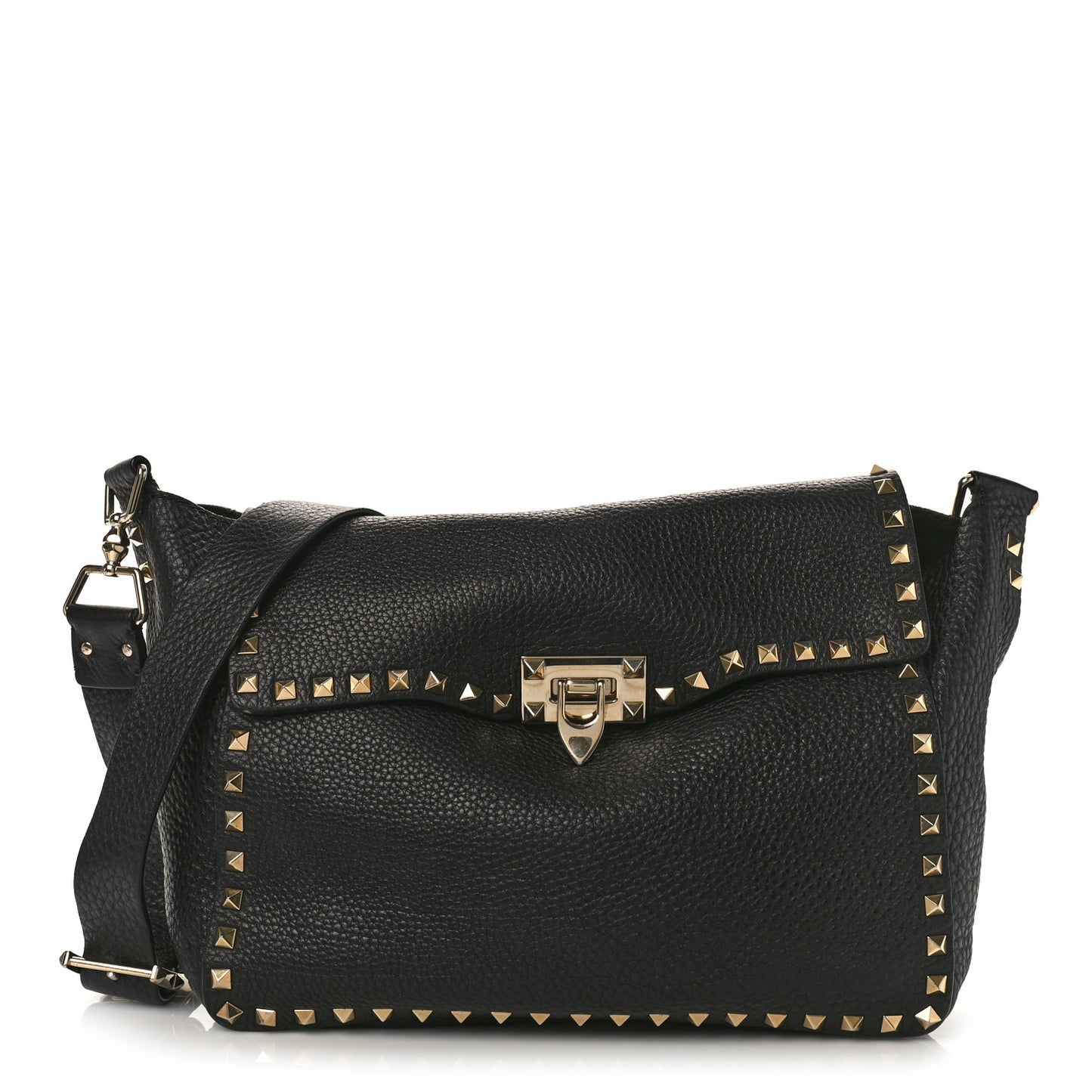 Pebbled Calfskin Rockstud Flip Lock Flap Messenger Satchel Black