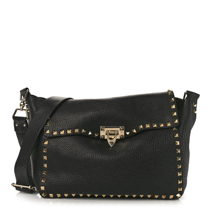 Valentino Garavani Pebbled Calfskin Rockstud Flip Lock Flap Messenger Satchel Black 1 of 9