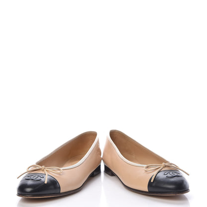 Chanel Lambskin CC Cap Toe Ballerina Flats 37.5 Beige Black 6 of 16