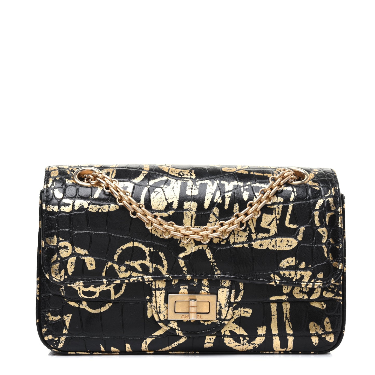 Calfskin Crocodile Embossed Graffiti 2.55 Mini Cocodile Reissue Flap Black Gold