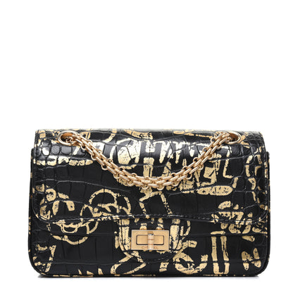 Chanel Calfskin Crocodile Embossed Graffiti 2.55 Mini Cocodile Reissue Flap Black Gold 1 of 21