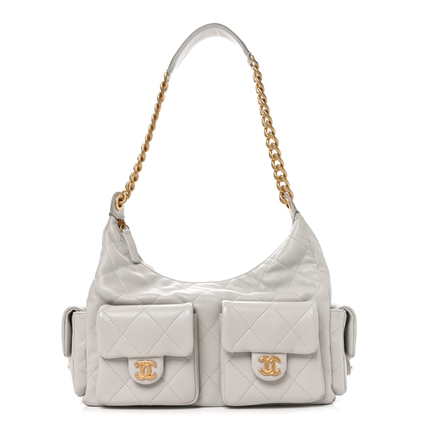 Shiny Lambskin Quilted Large Trendy Pockets Hobo Light Grey