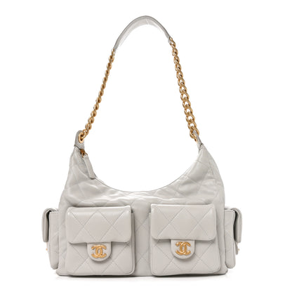 Chanel Shiny Lambskin Quilted Large Trendy Pockets Hobo Light Grey 1 of 9