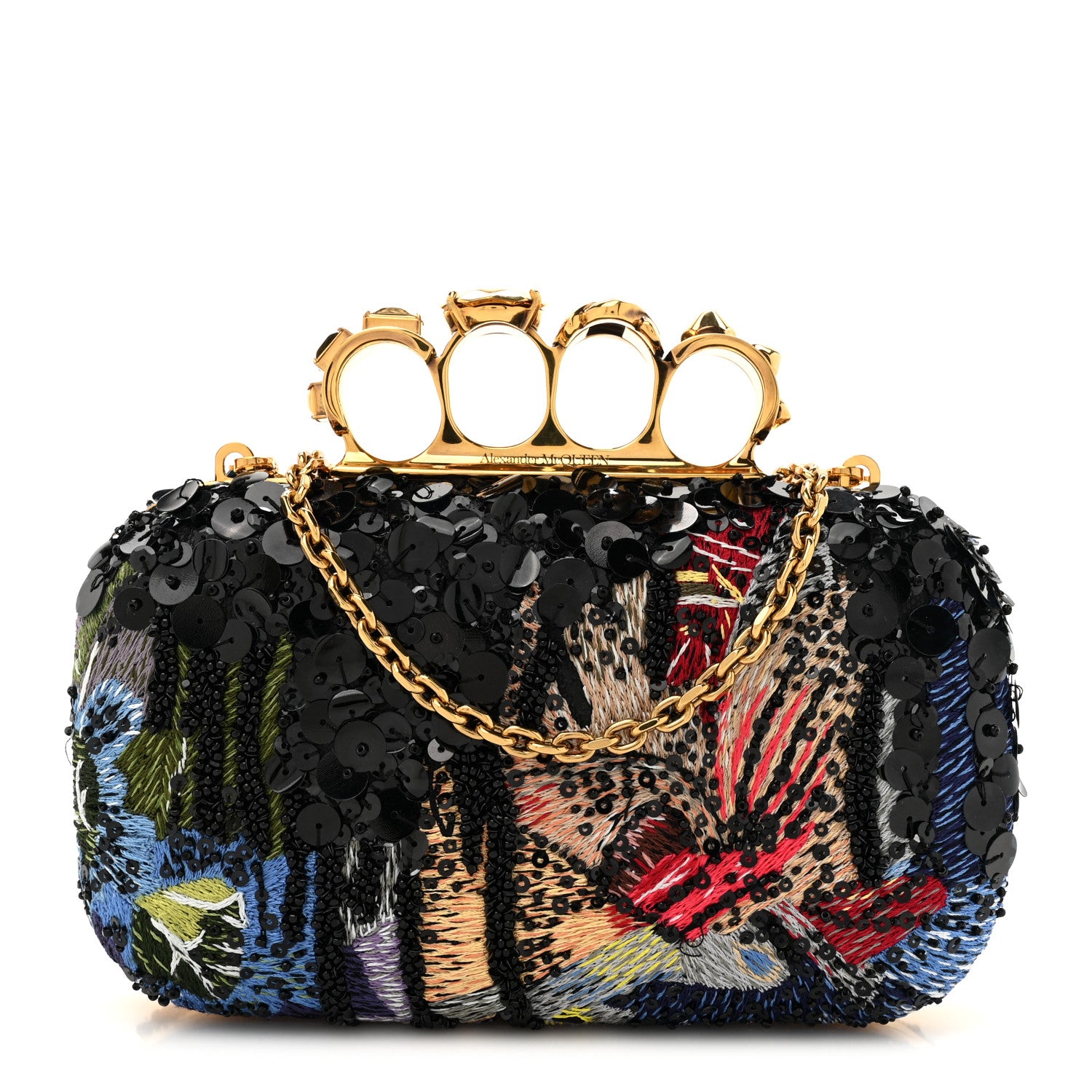 Alexander McQueen Nappa Embroidered Floral Knuckle Box Clutch Black Multicolor 1 of 13
