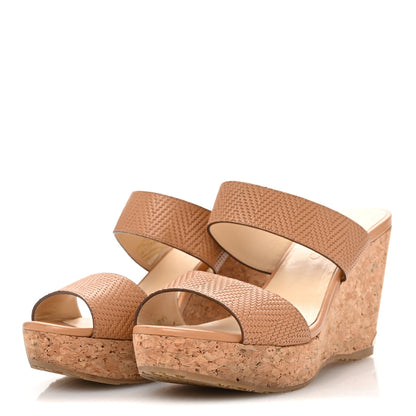 Jimmy Choo Calfskin Cork Parker Wedge 100 Sandals 38.5 Tan 4 of 12