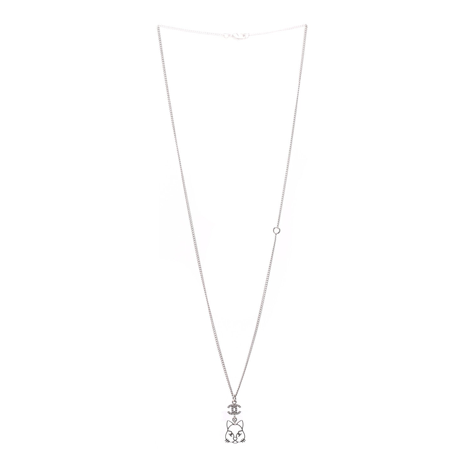 Chanel Crystal Emoji Choupette Cat Pendant Necklace Silver 3 of 5
