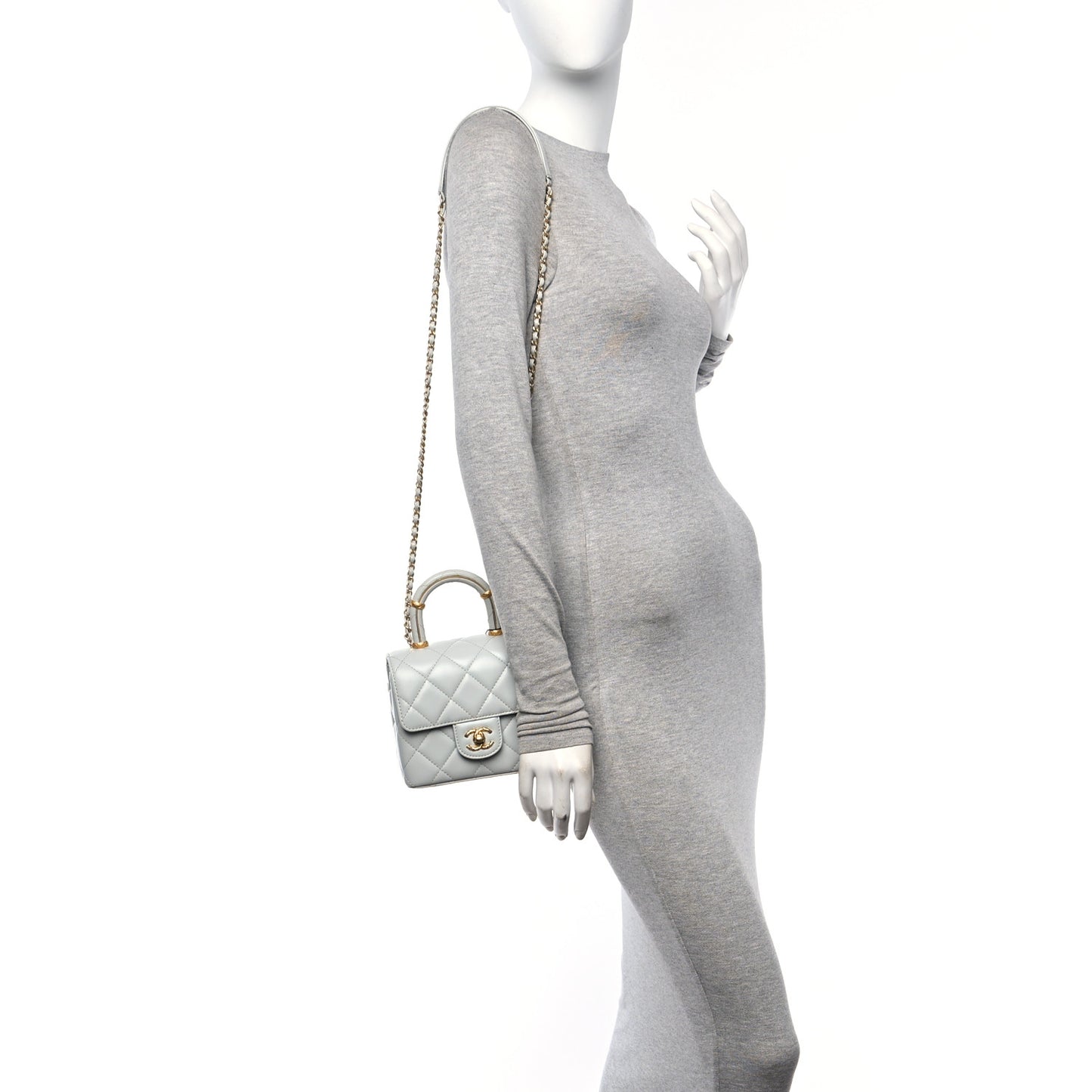 Lambskin Handle Crush Top Handle Flap Bag Grey