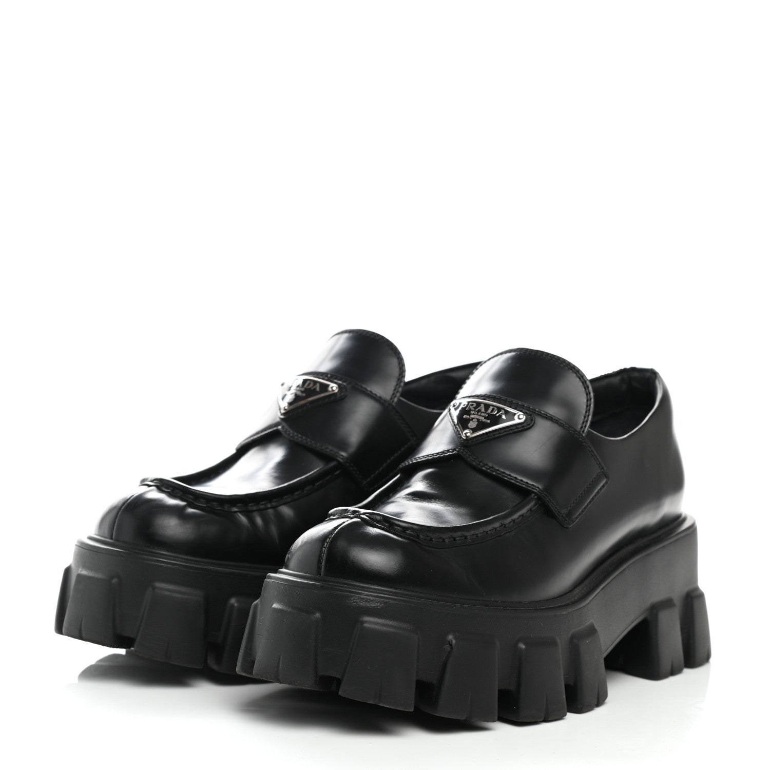 Prada Spazzolato Rois Metal Triangle Logo Monolith 55mm Loafers 37.5 Black 3 of 12