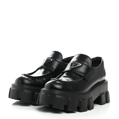Prada Spazzolato Rois Metal Triangle Logo Monolith 55mm Loafers 37.5 Black 3 of 12