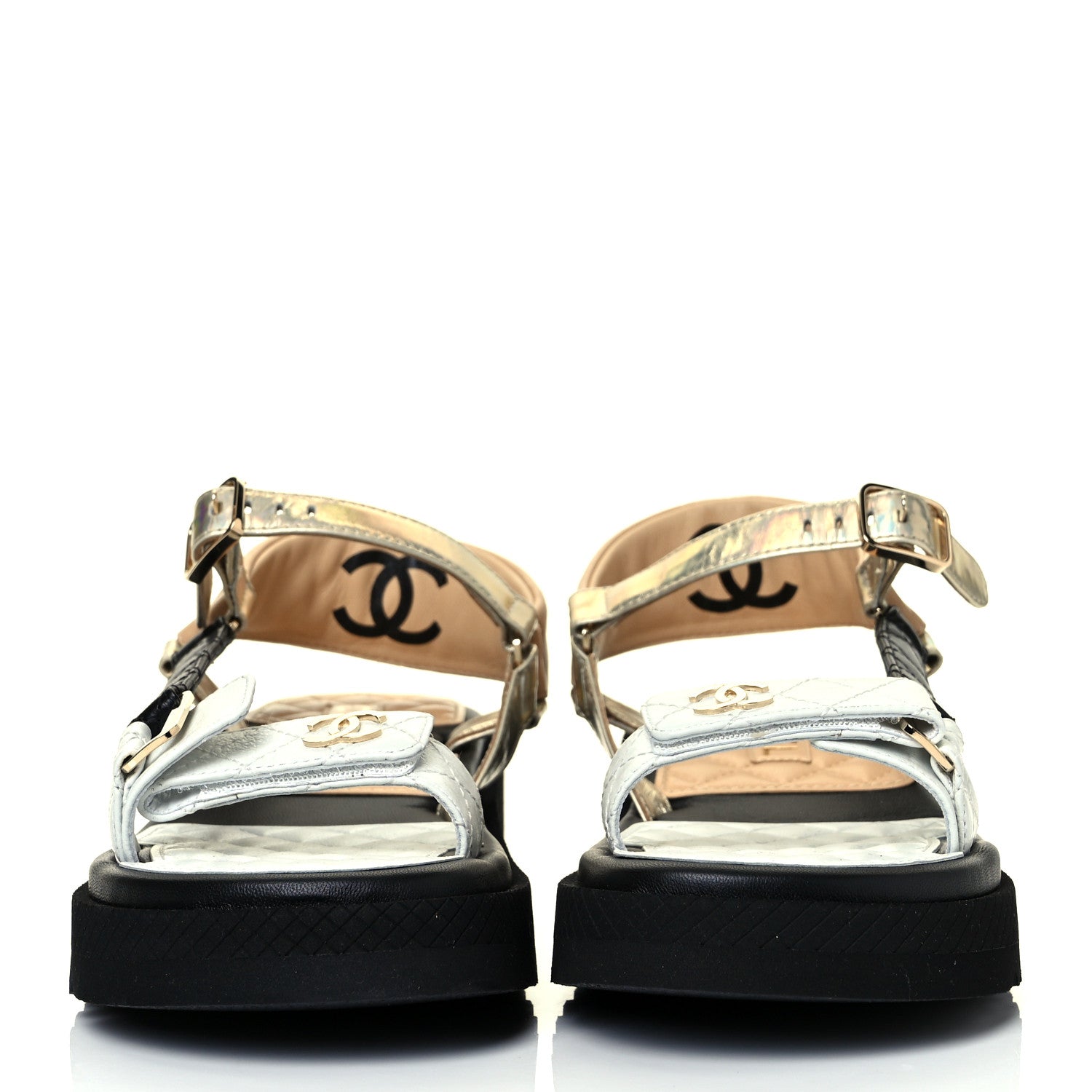 Chanel Lambskin Logo Platform Sandals 39 Beige Gold White 2 of 9